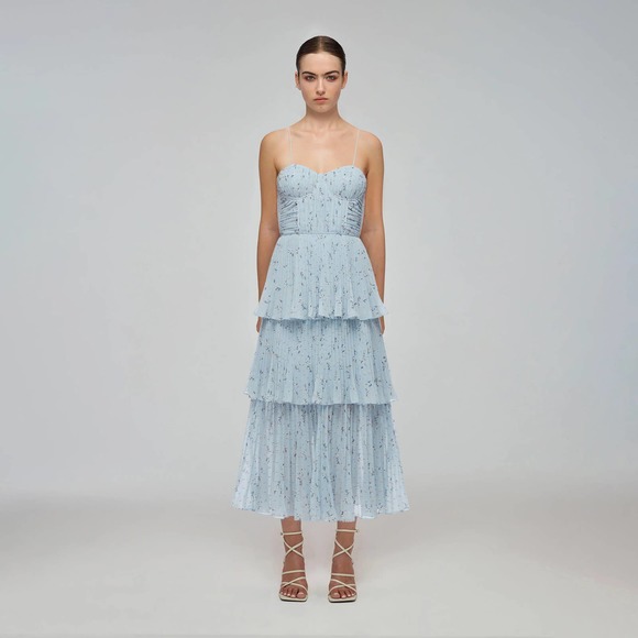 Self-Portrait Dresses & Skirts - Self-Portrait Metallic Floral Tiered Midi Dress Blue